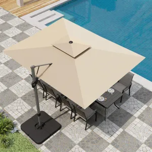 PHI VILLA 9'x 12' Large Patio Umbrella, Outdoor Aluminum Cantilever Umbrella with Double Top Rectanglar Canopy, Windproof Hydraulic Offset Umbrella for Pool, Deck, Garden, Beach, Porch, Beige