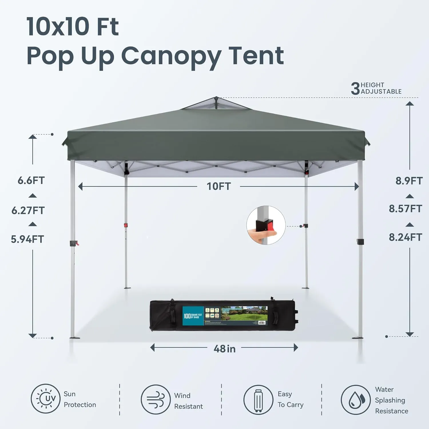 PHI VILLA Pop Up Canopy 10 10 Tents for Parties with Wheeled Bag, Portable Lightweight Folding w/Adjustable Height,Grey