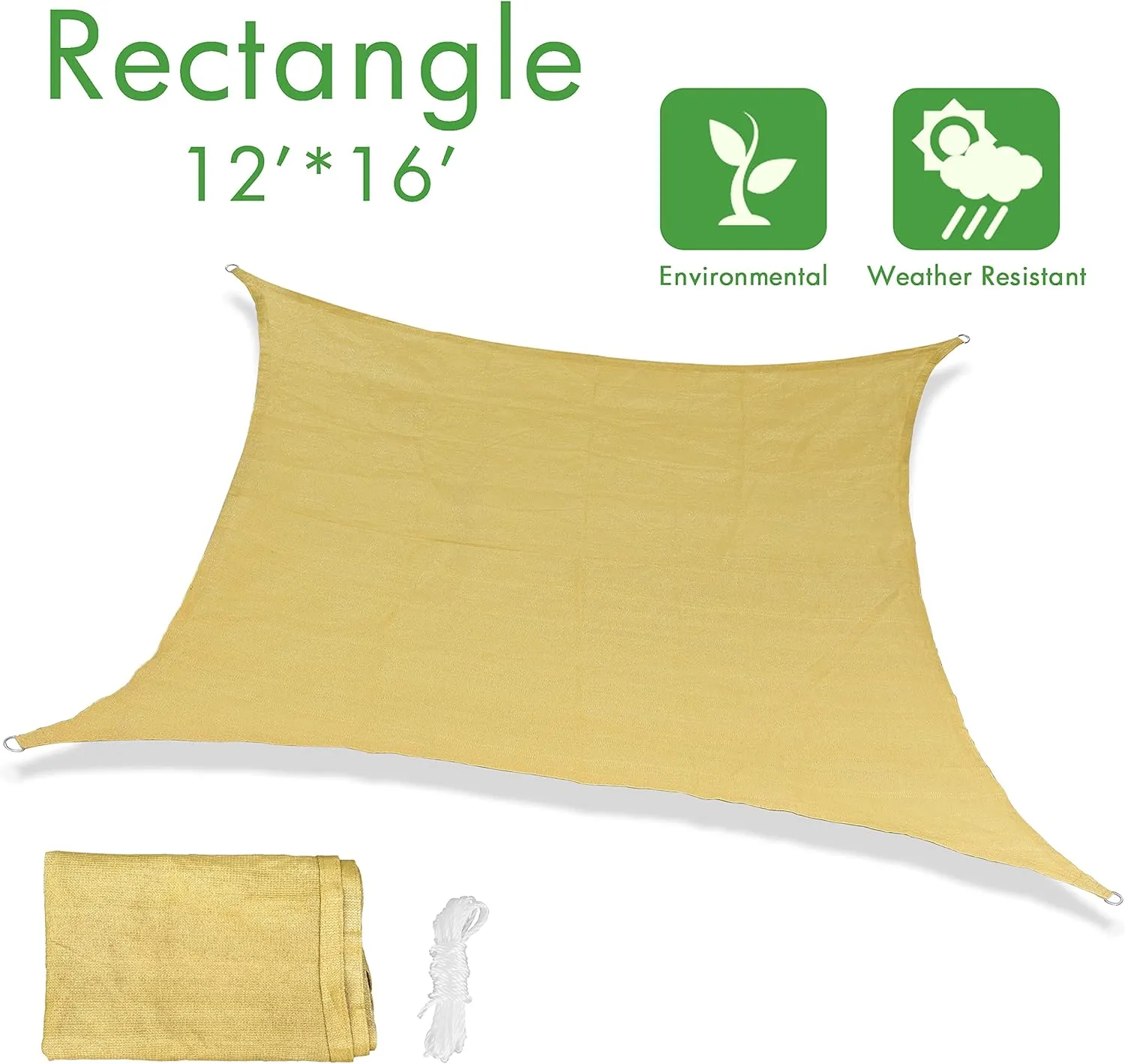 PHYEX Sun Shade Sail, Rectangle UV Block Sunshade Canopy for Outdoor Patio Garden Backyard Use (Sand, 12'x16')