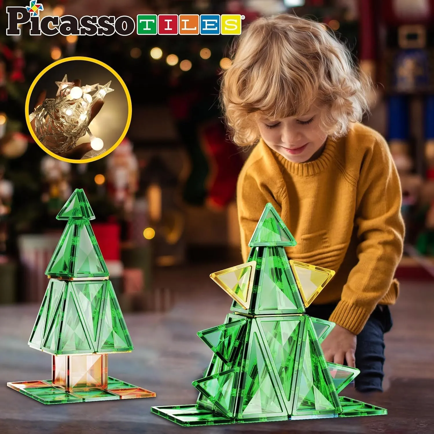 PicassoTiles 106 Piece Magnetic Tiles Light Up LED Tree Holiday Theme Construction Magnet Building Blocks Set STEM Learning Gifts Toys for Toddlers Boys Girls Child Kids Toy Educational Game