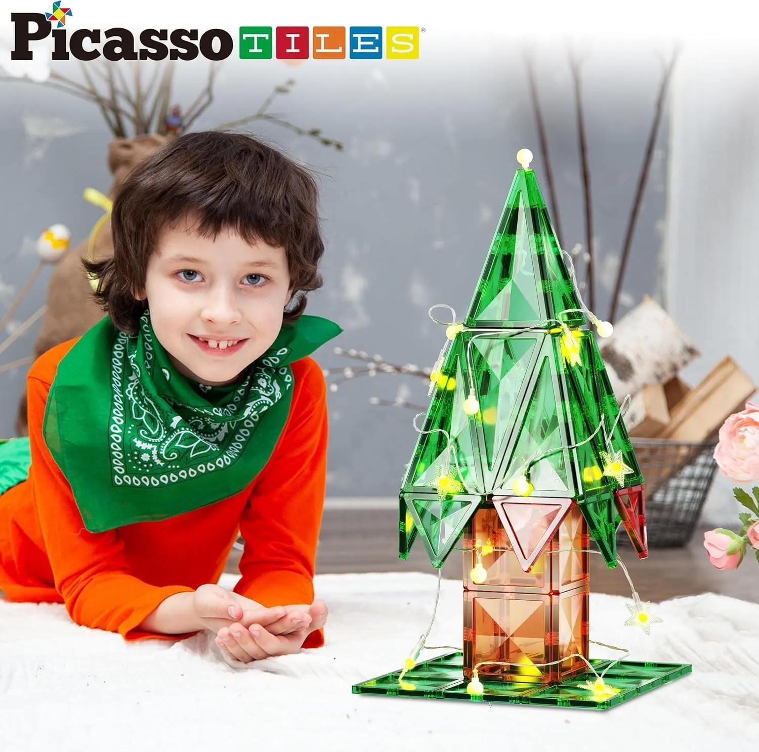 PicassoTiles 106 Piece Magnetic Tiles Light Up LED Tree Holiday Theme Construction Magnet Building Blocks Set STEM Learning Gifts Toys for Toddlers Boys Girls Child Kids Toy Educational Game