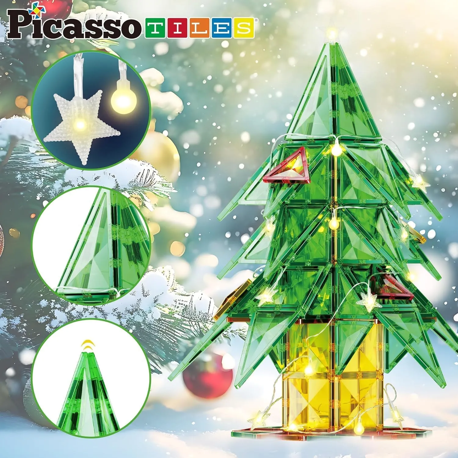 PicassoTiles 106 Piece Magnetic Tiles Light Up LED Tree Holiday Theme Construction Magnet Building Blocks Set STEM Learning Gifts Toys for Toddlers Boys Girls Child Kids Toy Educational Game