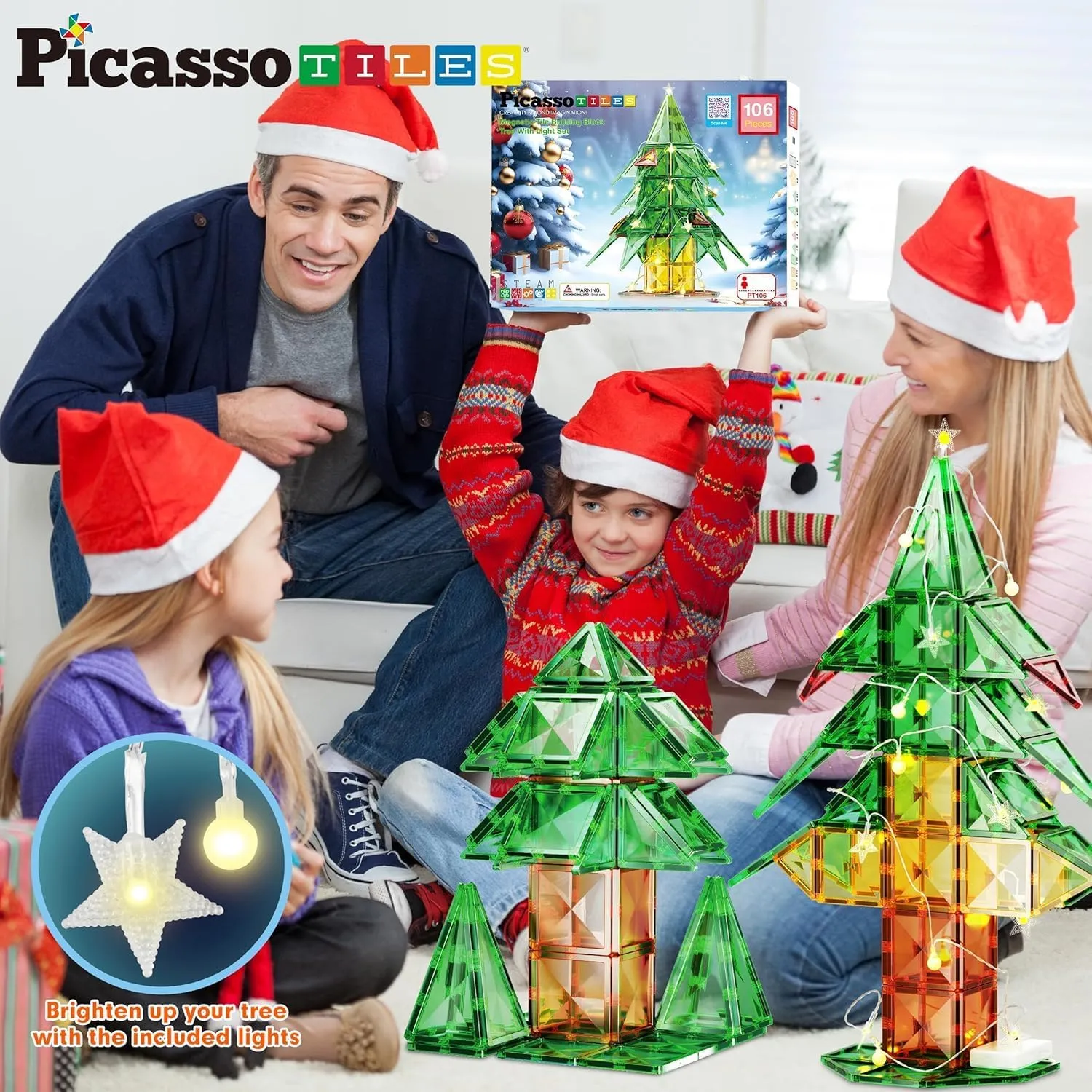 PicassoTiles 106 Piece Magnetic Tiles Light Up LED Tree Holiday Theme Construction Magnet Building Blocks Set STEM Learning Gifts Toys for Toddlers Boys Girls Child Kids Toy Educational Game