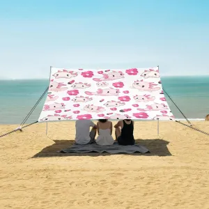 Pink Axolotl Set Flowers Beach Canopy Tent Anti-UV & Wind Resistant, Camping Sun Shelter Easy Setup Portable,Outdoor Shade Tents with Sandbags,Sand Shovels,Ground Pegs & Stability Poles