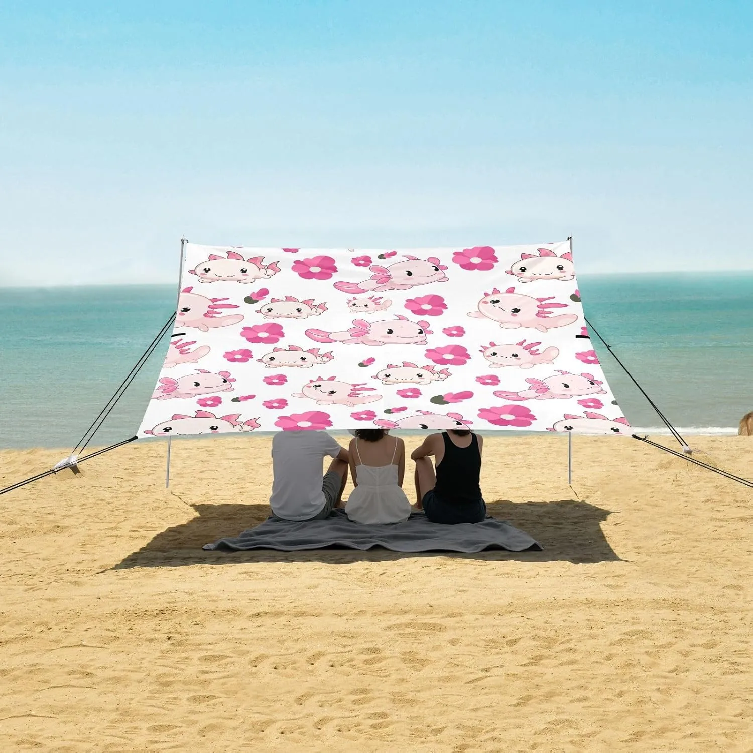 Pink Axolotl Set Flowers Beach Canopy Tent Anti-UV & Wind Resistant, Camping Sun Shelter Easy Setup Portable,Outdoor Shade Tents with Sandbags,Sand Shovels,Ground Pegs & Stability Poles