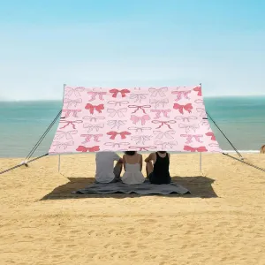 Pink Cute Bows Beach Canopy Tent Anti-UV & Wind Resistant, Camping Sun Shelter Easy Setup Portable,Outdoor Shade Tents with Sandbags,Sand Shovels,Ground Pegs & Stability Poles