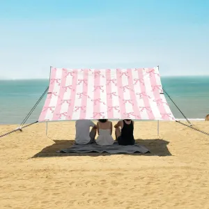 Pink Ribbon Bow on Striped Beach Canopy Tent Anti-UV & Wind Resistant, Camping Sun Shelter Easy Setup Portable,Outdoor Shade Tents with Sandbags,Sand Shovels,Ground Pegs & Stability Poles