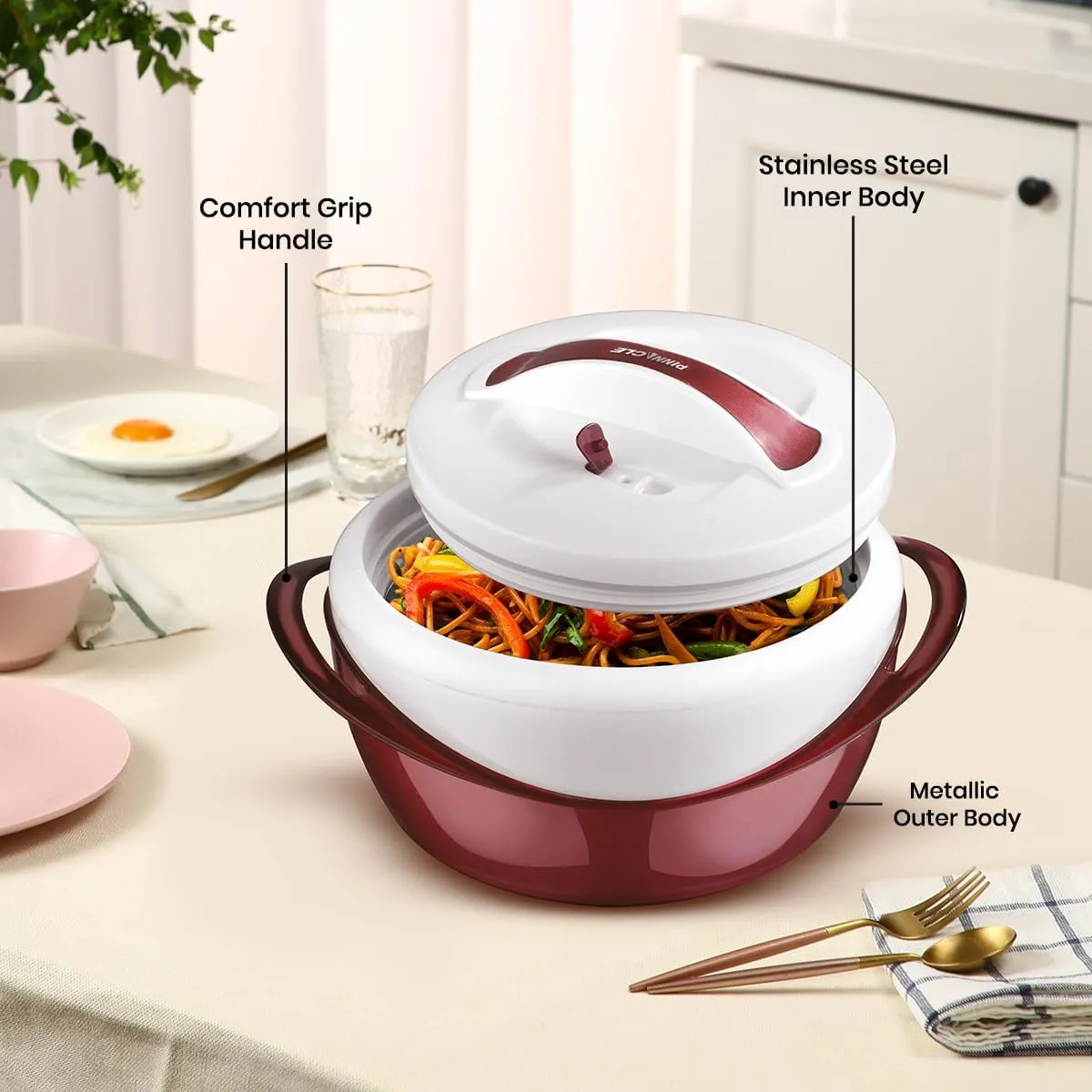 Pinnacle Large Insulated Casserole Dish with Lid 3.6 qt. Elegant Hot Pot Food Warmer/Cooler -Thermal Soup/Salad Serving Bowl Stainless Steel Hot Food Container–Best Gift Set for Moms