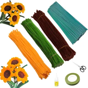 Pipe Cleaners Craft Set DIY Flexible Soft Pipe Cleaner Flowers for Sunflower Bouquet 3 Colors Fuzzy Pipe Cleaners for Birthdays, Wedding Gift Decor Pipe Cleaner Flowers