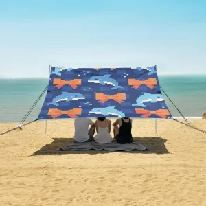 Pixel Bows Ribbons Dolphins Beach Canopy Tent Anti-UV & Wind Resistant, Camping Sun Shelter Easy Setup Portable,Outdoor Shade Tents with Sandbags,Sand Shovels,Ground Pegs & Stability Poles