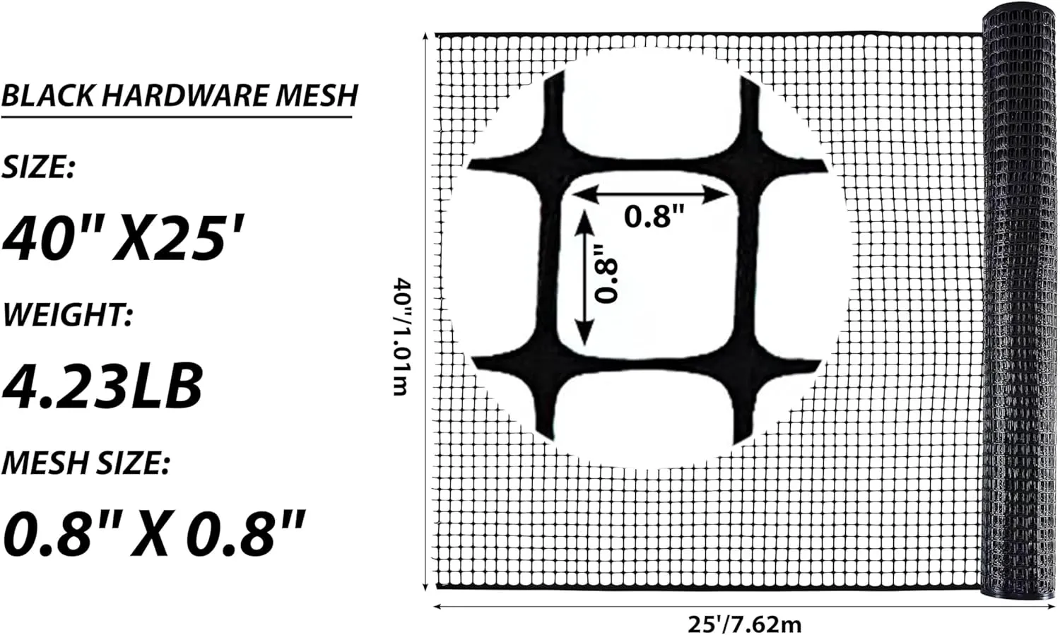Plastic Hardware Mesh Netting, Garden Netting, Temporary Fence, Tree Guards, Safety Net for Balcony, Deck, Stair Railing, Animal Barrier, Poultry, Deer, with 50 Zip Ties, 40'' x 25', Black