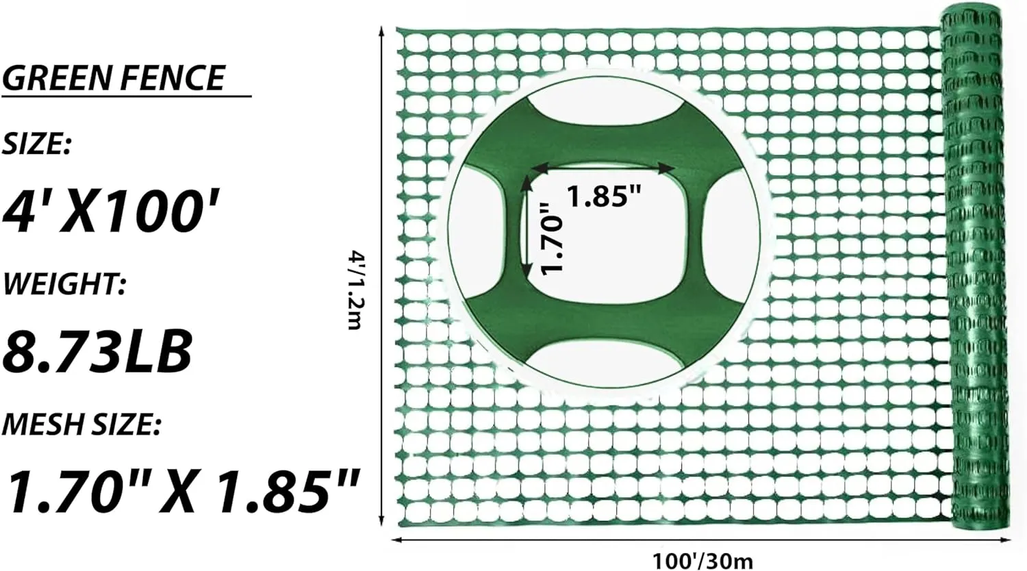 Plastic Mesh Fence Safety Fence, 4'x100' Roll with 100 Zip Ties, Resuable Temporary Netting for Garden Fencing, Construction, Snow Fencing, Animal Barrier, Poultry, Deer, Patio, Green