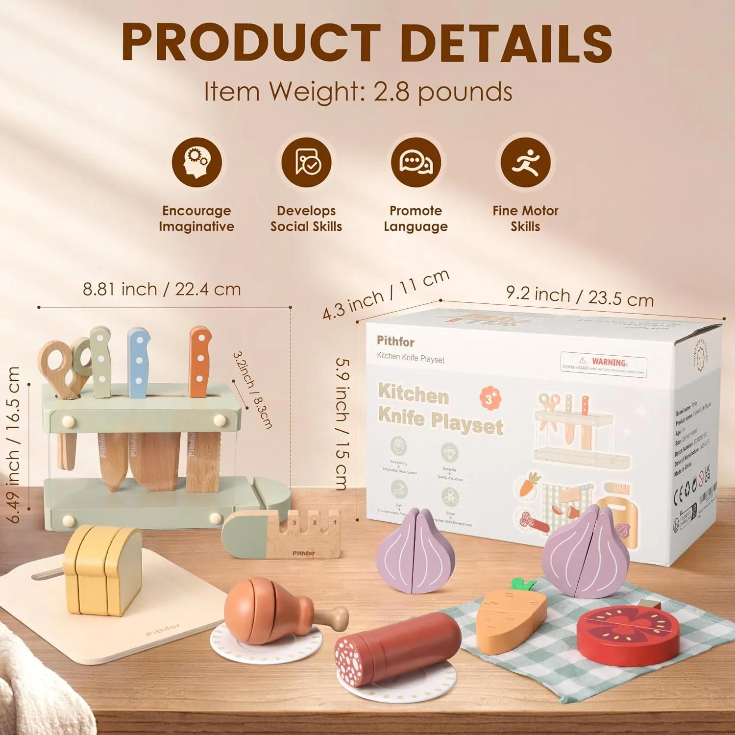 Play Knife Set, Play Kitchen Accessories, Wooden Pretend Play Food Set Toys for Kids Toddlers, Gifts for 2 3 4 Years Old Girls Boys