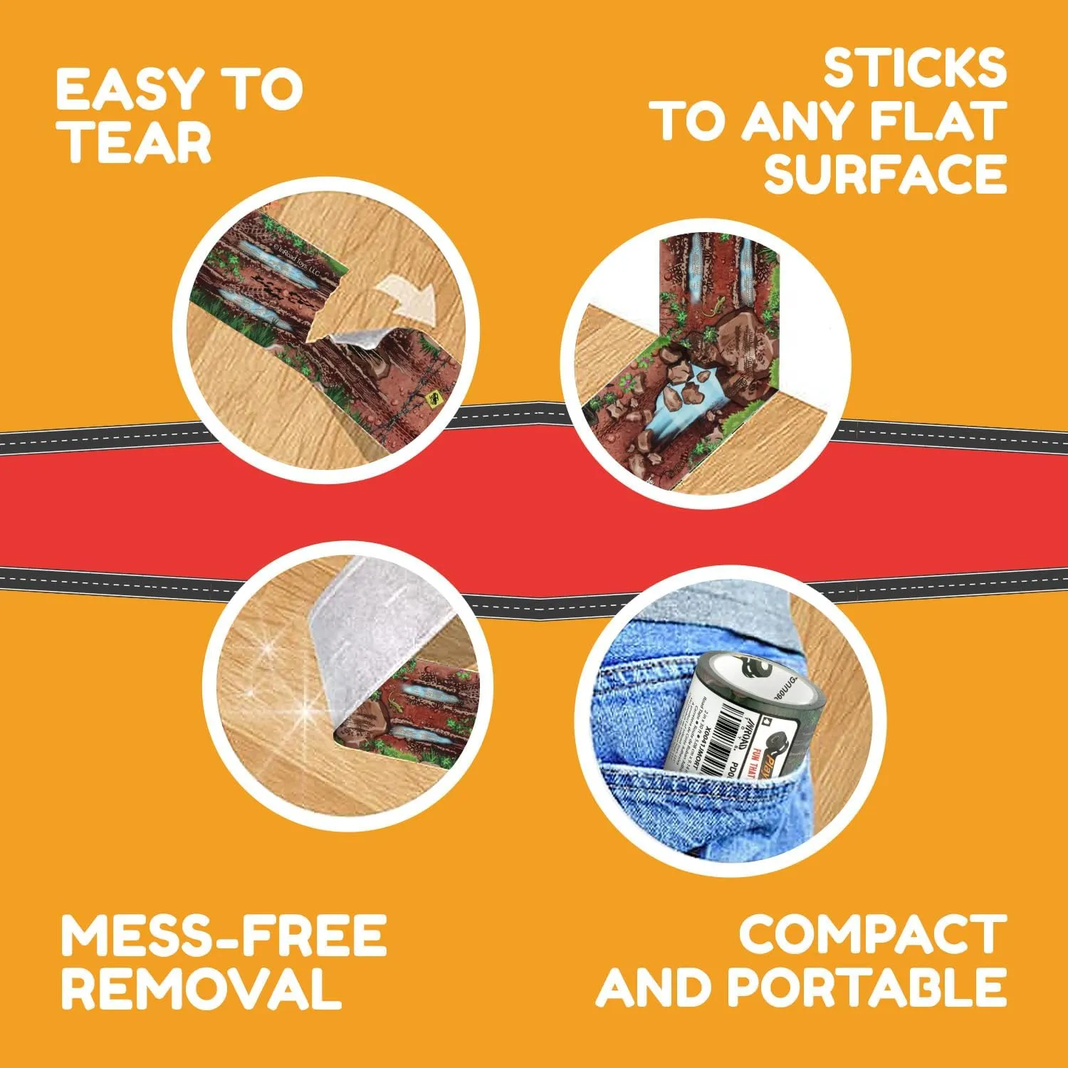 PlayTape Dirt Road Tape for Toy Cars - Sticks to Flat Surfaces, No Residue, 2-Pack of 2 in. x 30 ft. Roll
