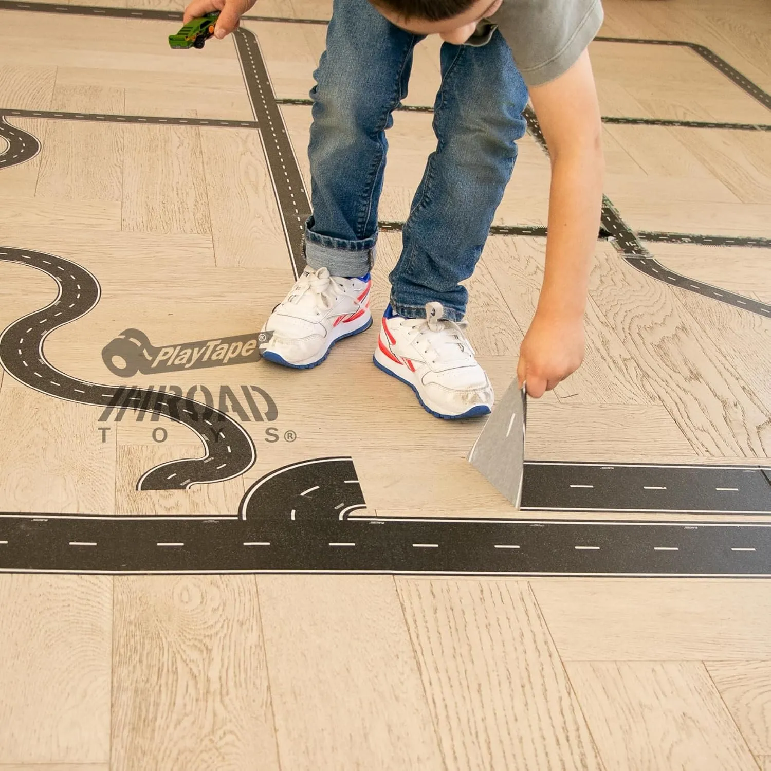 PlayTape Road Tape and Curves for Toy Cars - 1 Roll of 30 ft. x 4 in. Black Road   1 Roll of 12 Curves