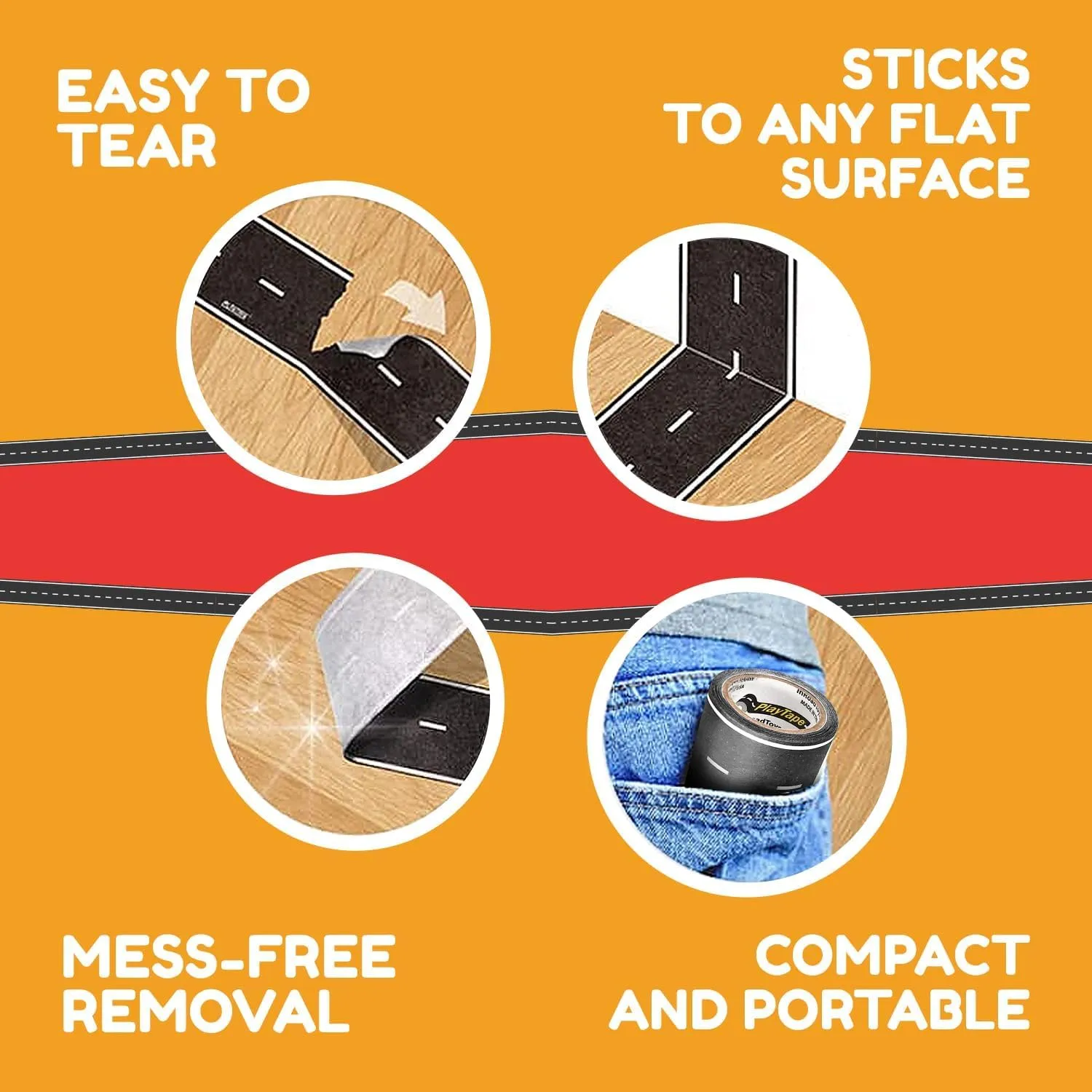 PlayTape Road Tape and Curves for Toy Cars - 1 Roll of 30 ft. x 4 in. Black Road   1 Roll of 12 Curves