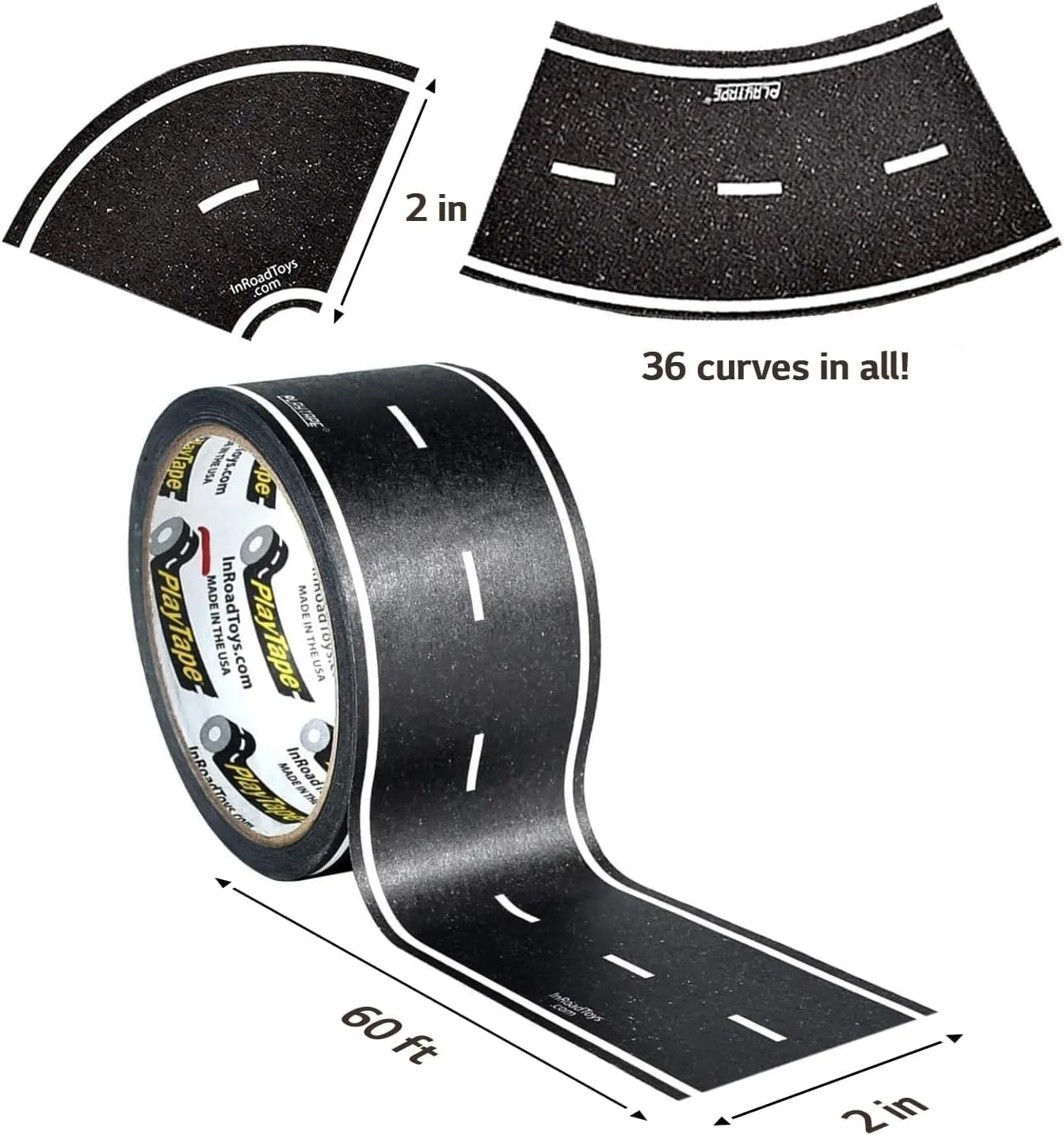 PlayTape Road Tape and Curves for Toy Cars - 1 Roll of 60 ft. x 2 in. Asphalt Road   1 Roll of 36 Curves