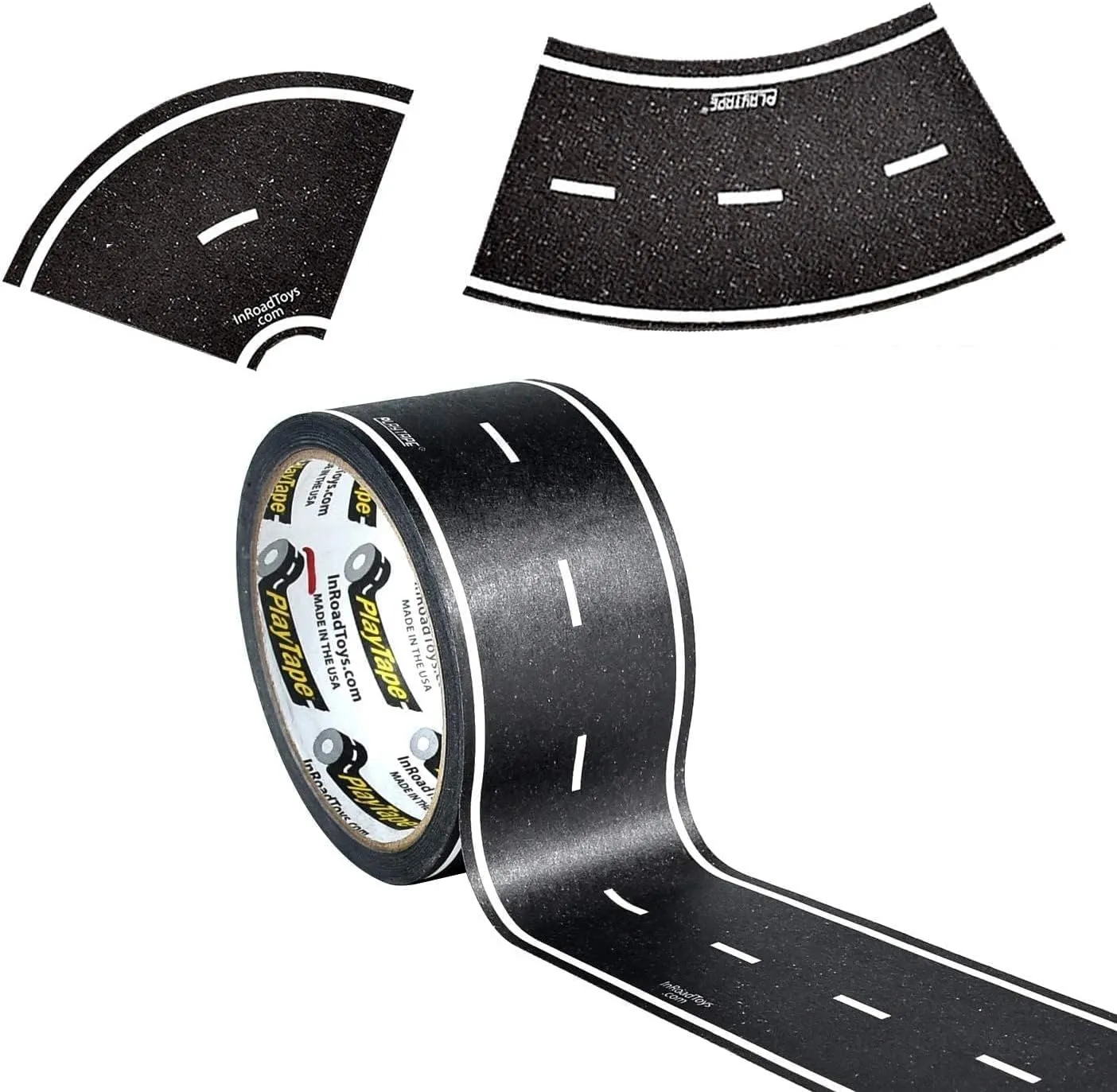 PlayTape Road Tape and Curves for Toy Cars - 1 Roll of 60 ft. x 2 in. Asphalt Road   1 Roll of 36 Curves