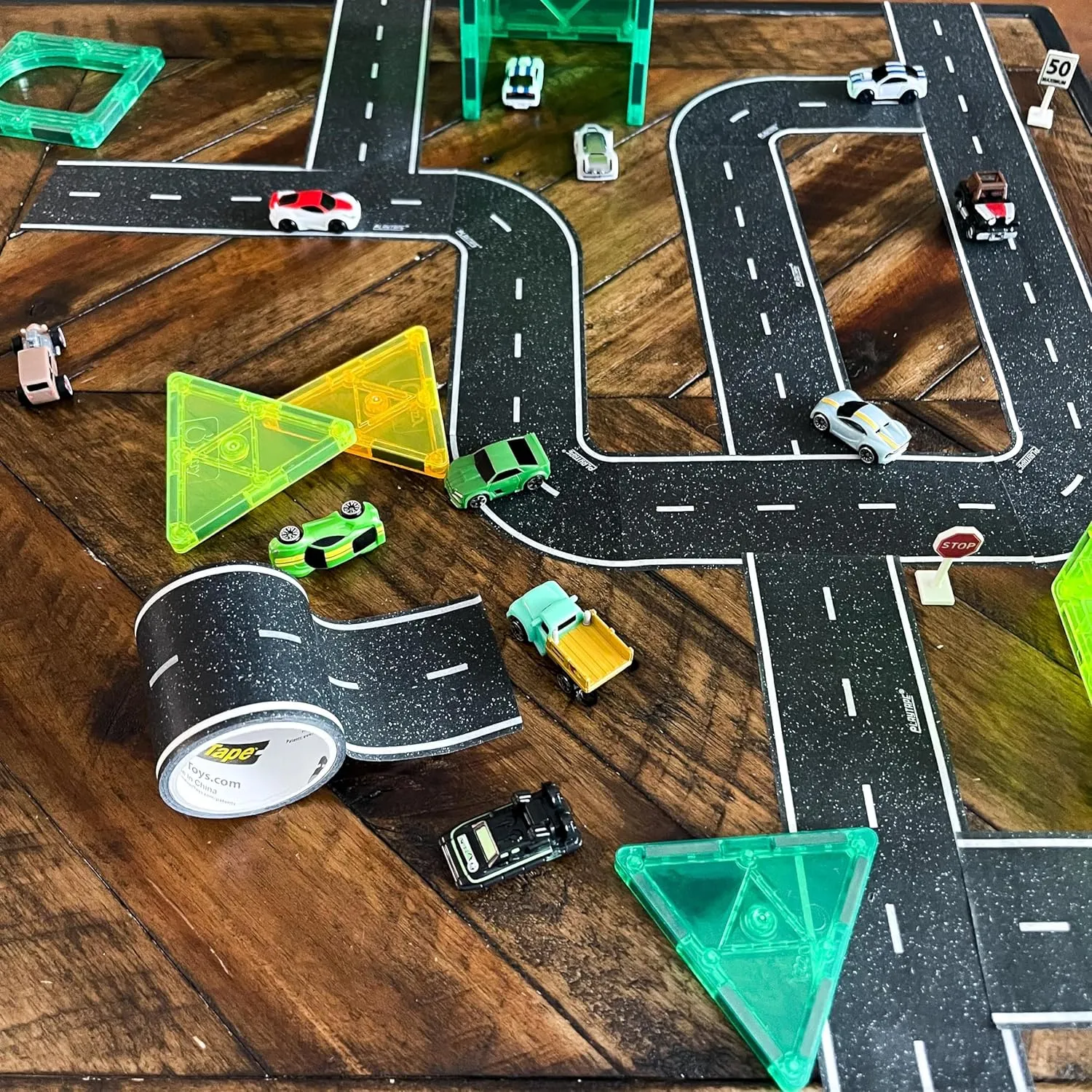 PlayTape Road Tape and Curves for Toy Cars - 1 Roll of 60 ft. x 2 in. Asphalt Road   1 Roll of 36 Curves