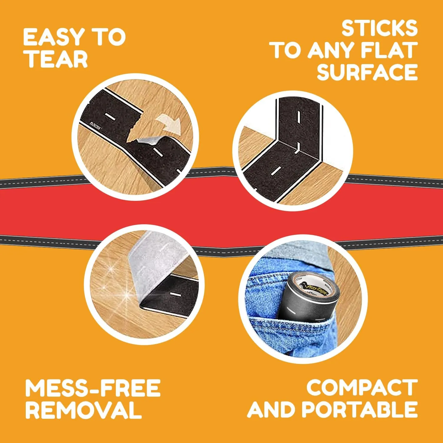PlayTape Road Tape for Toy Cars - Sticks to Flat Surfaces; No Residue; 4-Pack of 30 ft. x 2 in. Asphalt Road