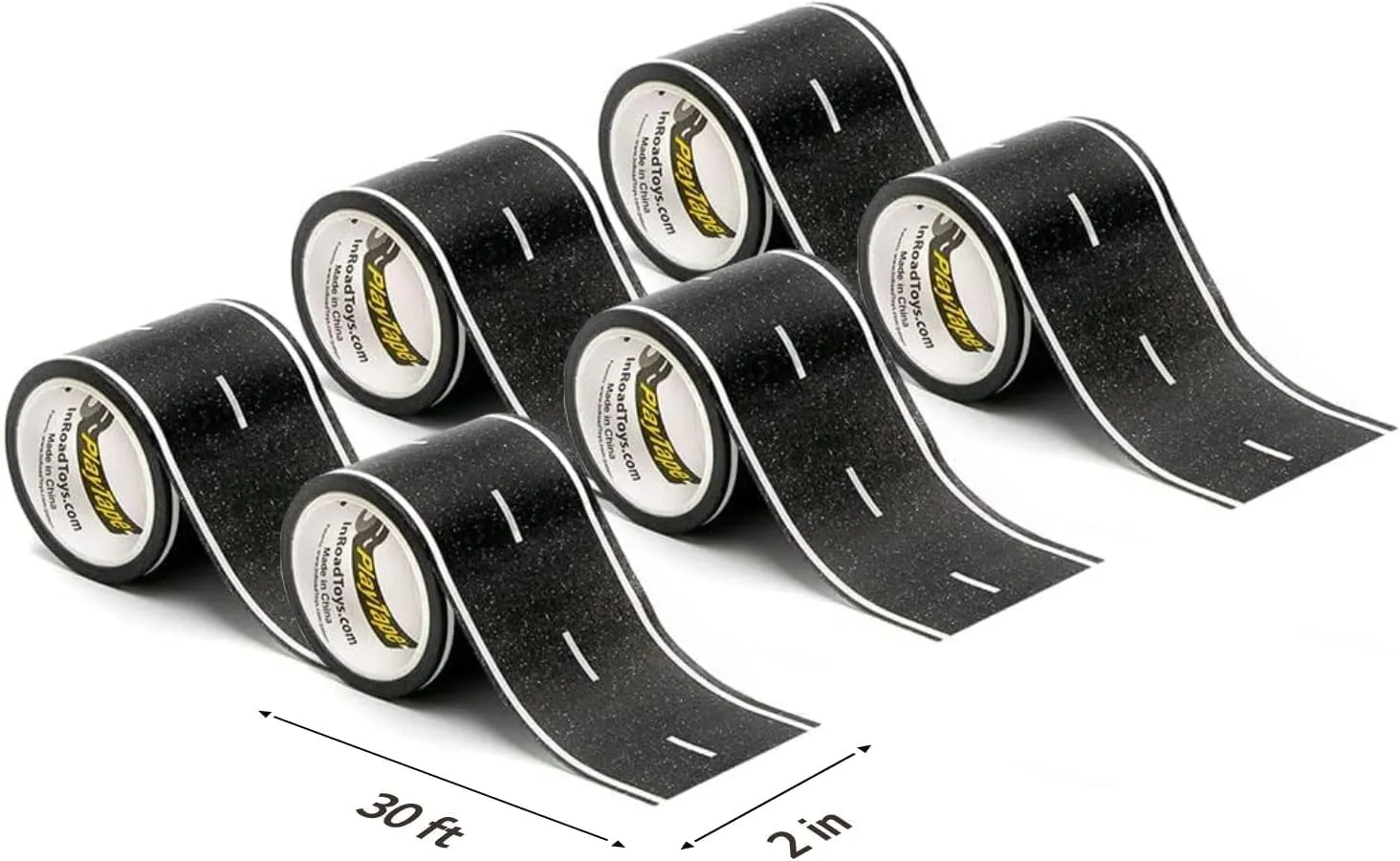 PlayTape Road Tape for Toy Cars - Sticks to Flat Surfaces; No Residue; 6-Pack of 30 ft. x 2 in. Asphalt Road