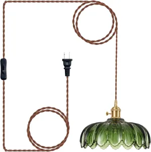 Plug in Hanging Light Fixture, Kitchen Pendant Lighting Glass Pendant Light, Green Pendant Lights for Kitchen Island, Bedroom, Dining Room, Living Room, E26 No Bulb (Greener)