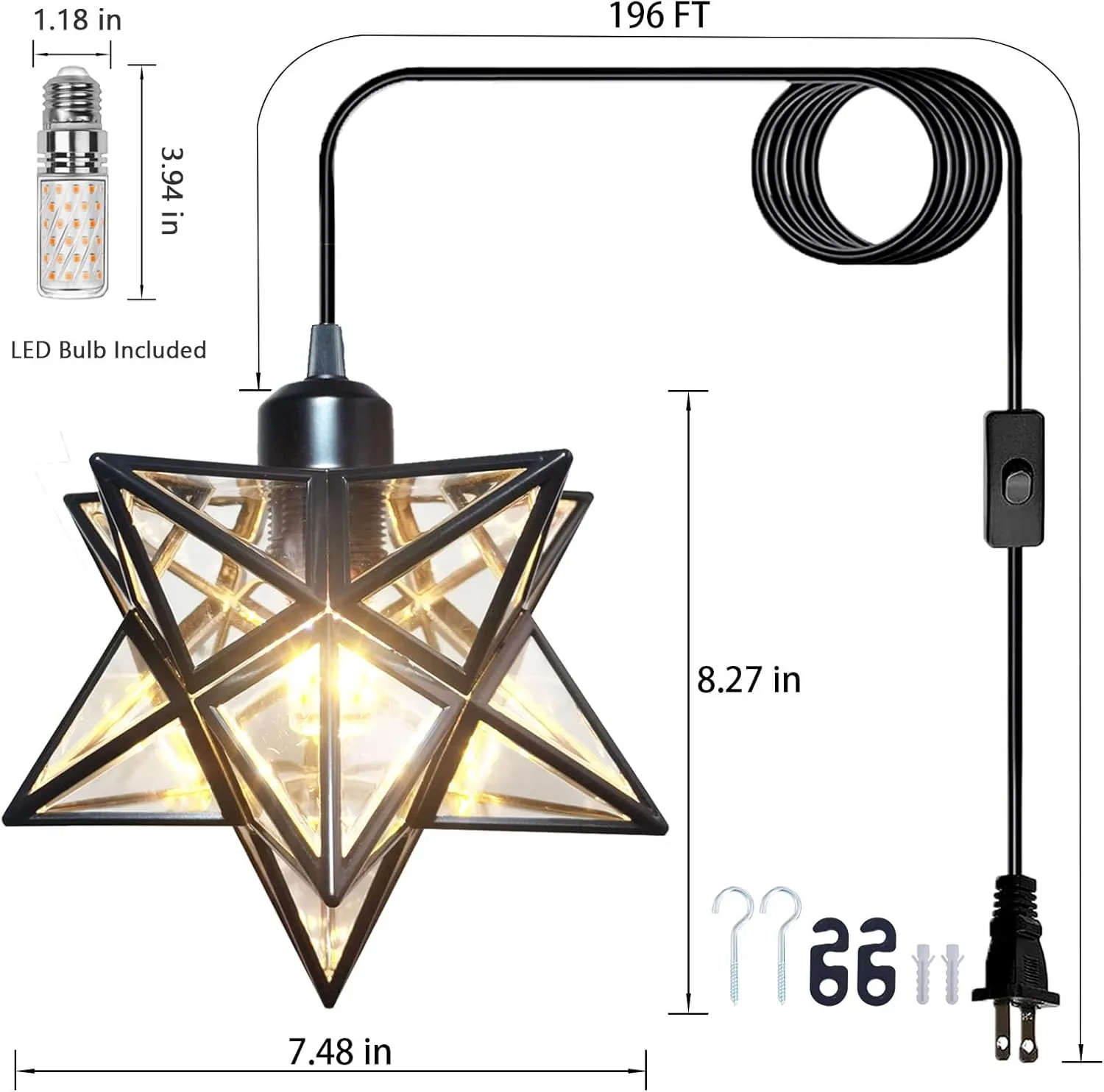 Plug in Hanging Light Fixture with 16.5ft Cord and Switch,Modern Farmhouse Black Moravian Star Pendant Lights Kitchen Island,Hanging Lamps for Bedrooms Hallway Porch Etc(LED Bulb Include)