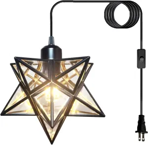 Plug in Hanging Light Fixture with 16.5ft Cord and Switch,Modern Farmhouse Black Moravian Star Pendant Lights Kitchen Island,Hanging Lamps for Bedrooms Hallway Porch Etc(LED Bulb Include)