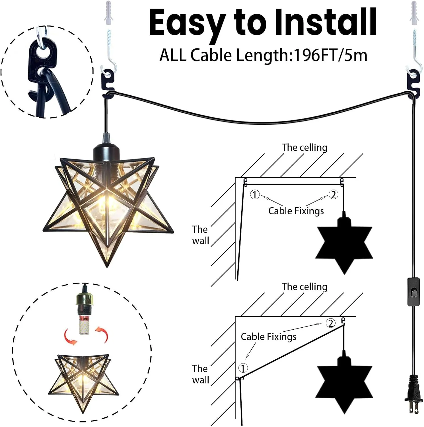 Plug in Hanging Light Fixture with 16.5ft Cord and Switch,Modern Farmhouse Black Moravian Star Pendant Lights Kitchen Island,Hanging Lamps for Bedrooms Hallway Porch Etc(LED Bulb Include)