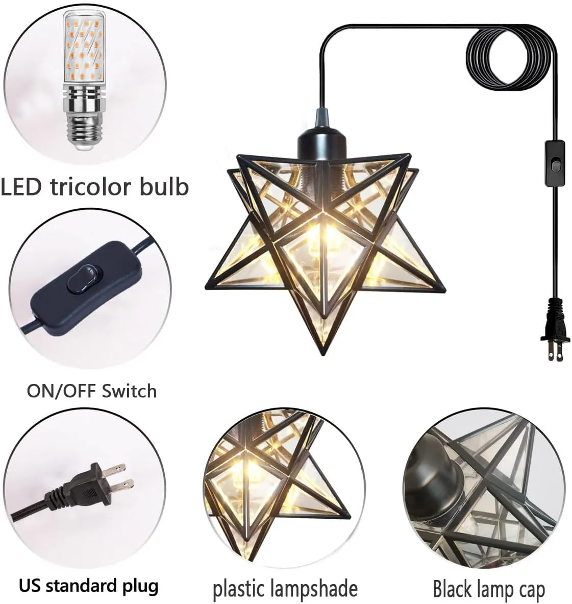 Plug in Hanging Light Fixture with 16.5ft Cord and Switch,Modern Farmhouse Black Moravian Star Pendant Lights Kitchen Island,Hanging Lamps for Bedrooms Hallway Porch Etc(LED Bulb Include)
