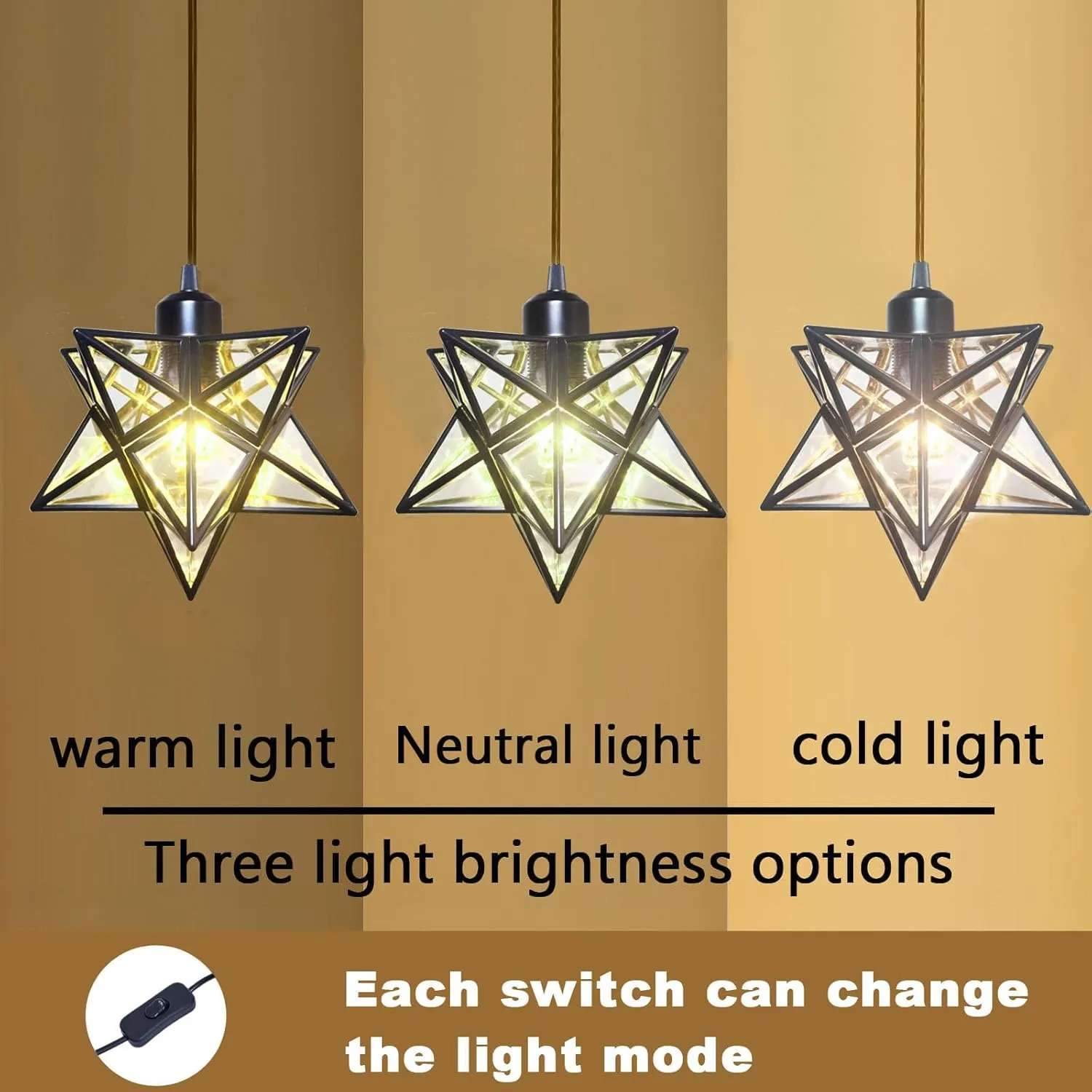 Plug in Hanging Light Fixture with 16.5ft Cord and Switch,Modern Farmhouse Black Moravian Star Pendant Lights Kitchen Island,Hanging Lamps for Bedrooms Hallway Porch Etc(LED Bulb Include)