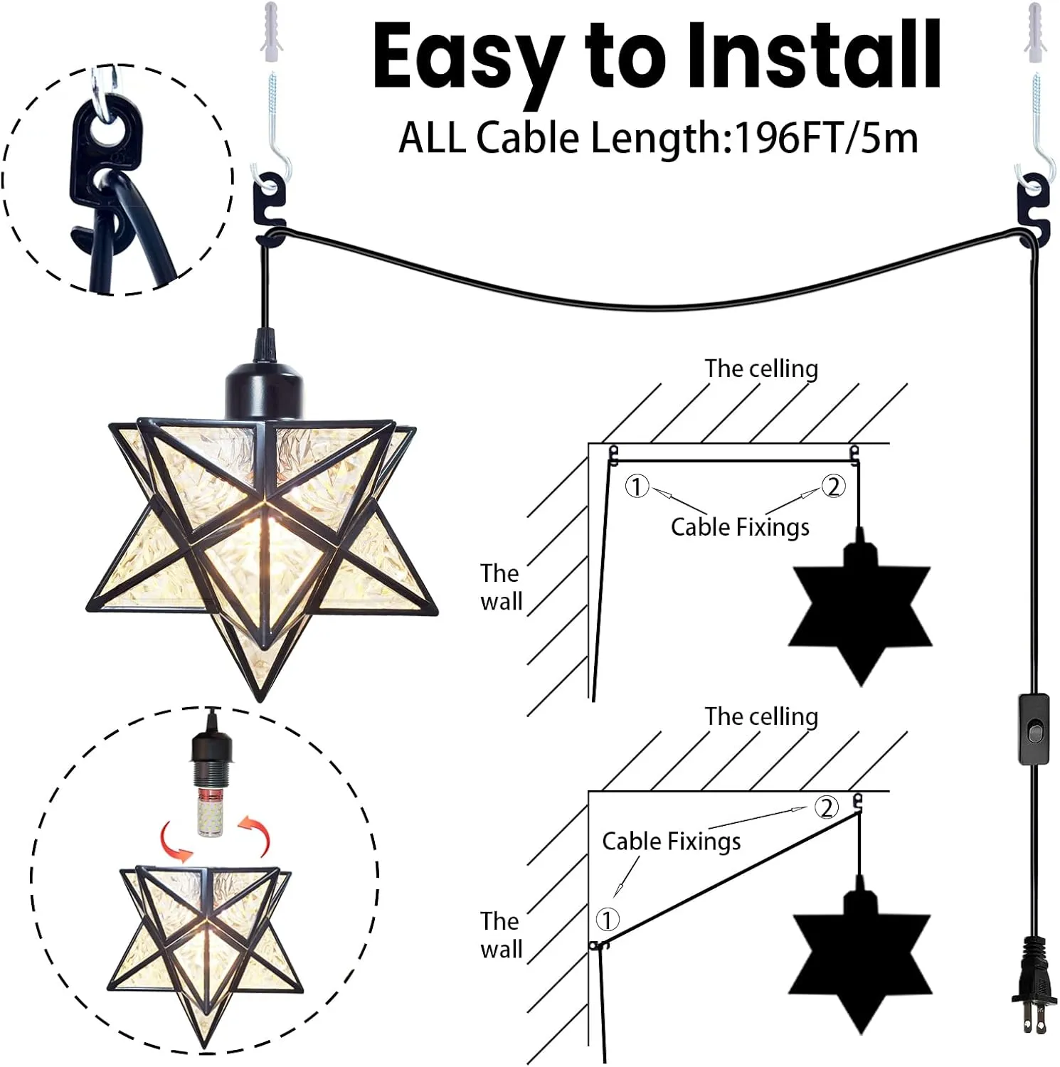 Plug-in Moravian Star Pendant Light with 16.5ft Cord and Switch, Modern Farmhouse Black Hanging Light for Kitchen Island Bedroom Hallway Porch Etc(LED Bulb Include)