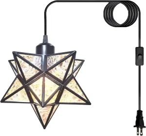 Plug-in Moravian Star Pendant Light with 16.5ft Cord and Switch, Modern Farmhouse Black Hanging Light for Kitchen Island Bedroom Hallway Porch Etc(LED Bulb Include)