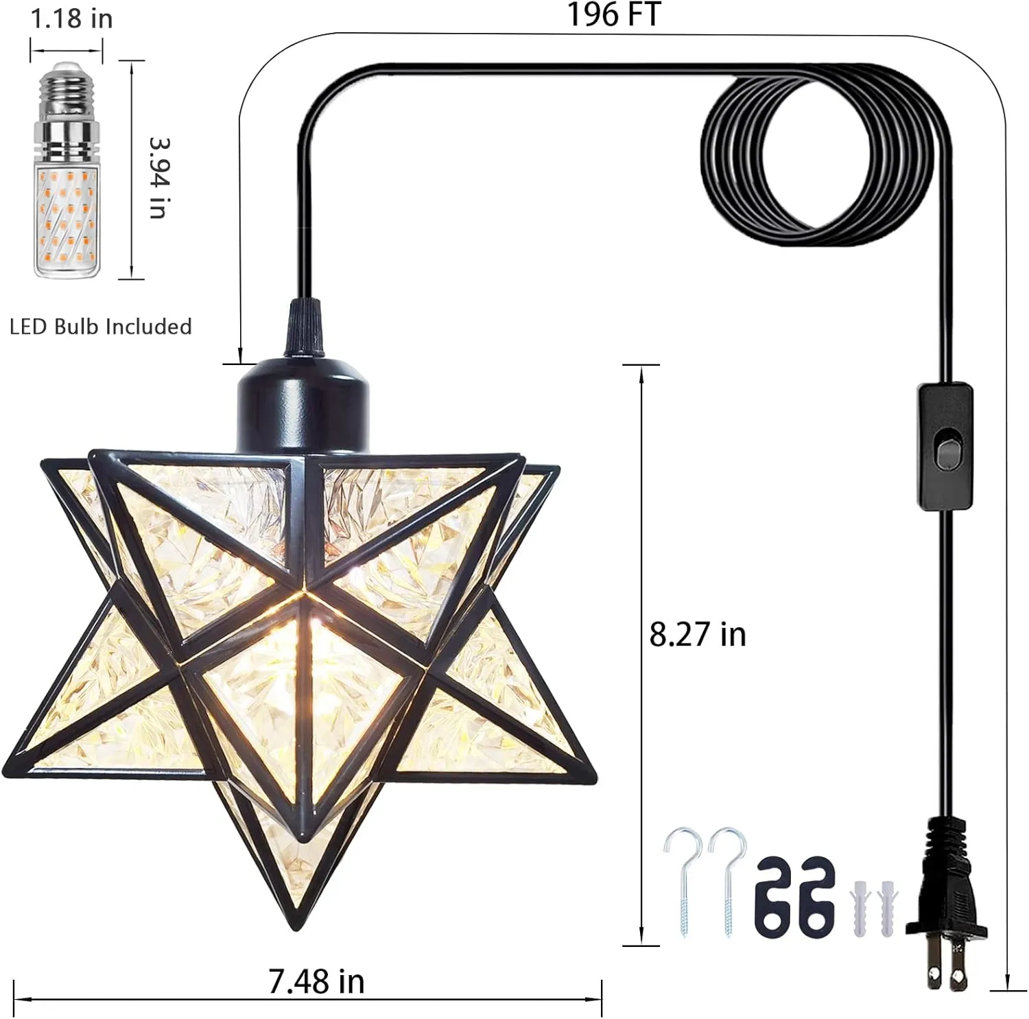 Plug-in Moravian Star Pendant Light with 16.5ft Cord and Switch, Modern Farmhouse Black Hanging Light for Kitchen Island Bedroom Hallway Porch Etc(LED Bulb Include)