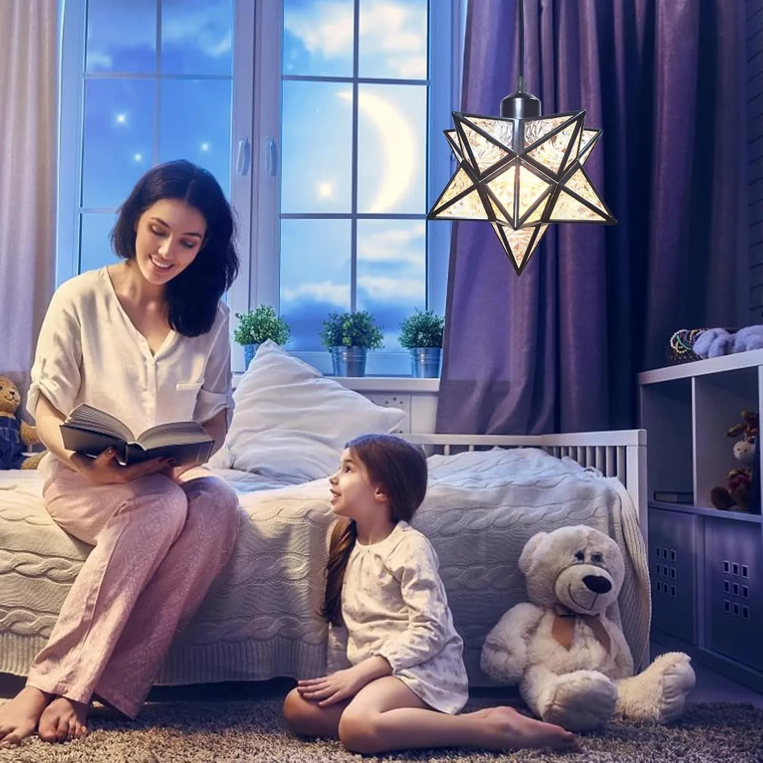 Plug-in Moravian Star Pendant Light with 16.5ft Cord and Switch, Modern Farmhouse Black Hanging Light for Kitchen Island Bedroom Hallway Porch Etc(LED Bulb Include)