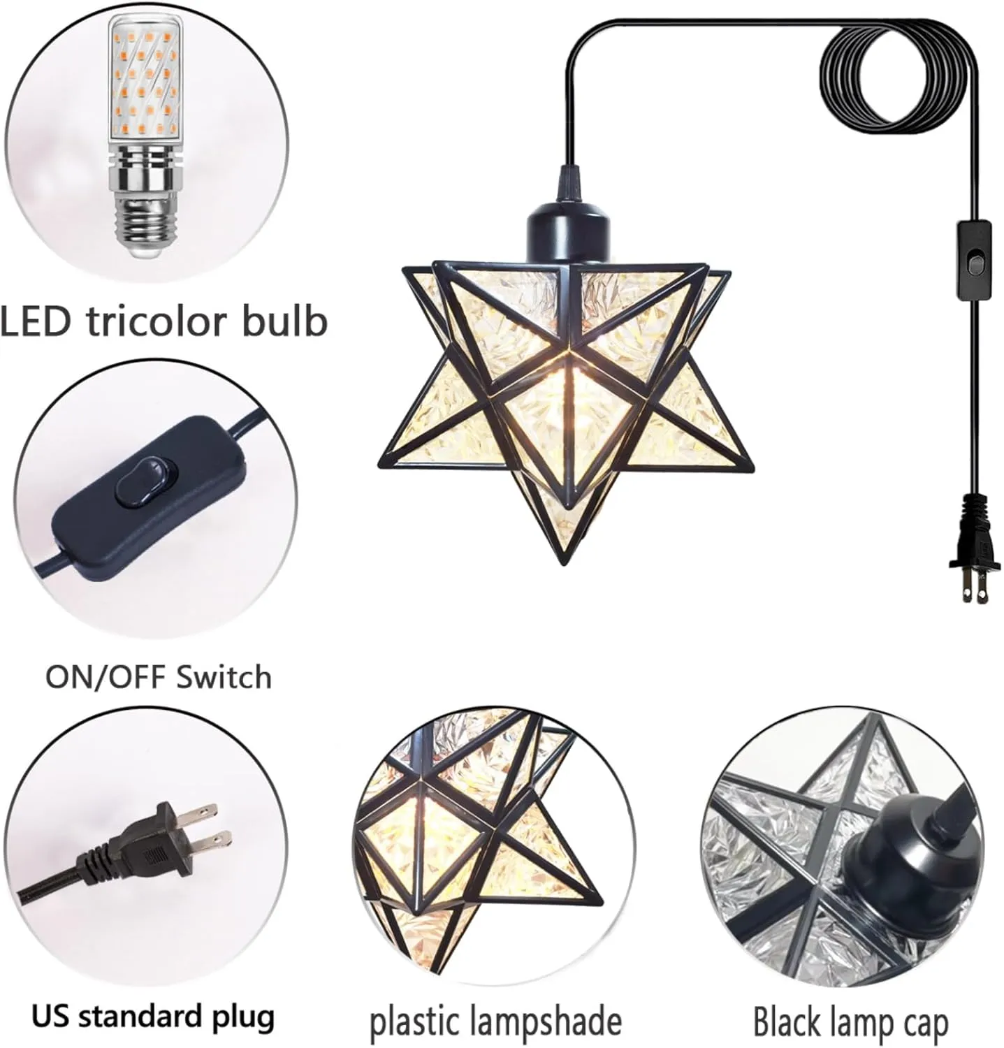 Plug-in Moravian Star Pendant Light with 16.5ft Cord and Switch, Modern Farmhouse Black Hanging Light for Kitchen Island Bedroom Hallway Porch Etc(LED Bulb Include)