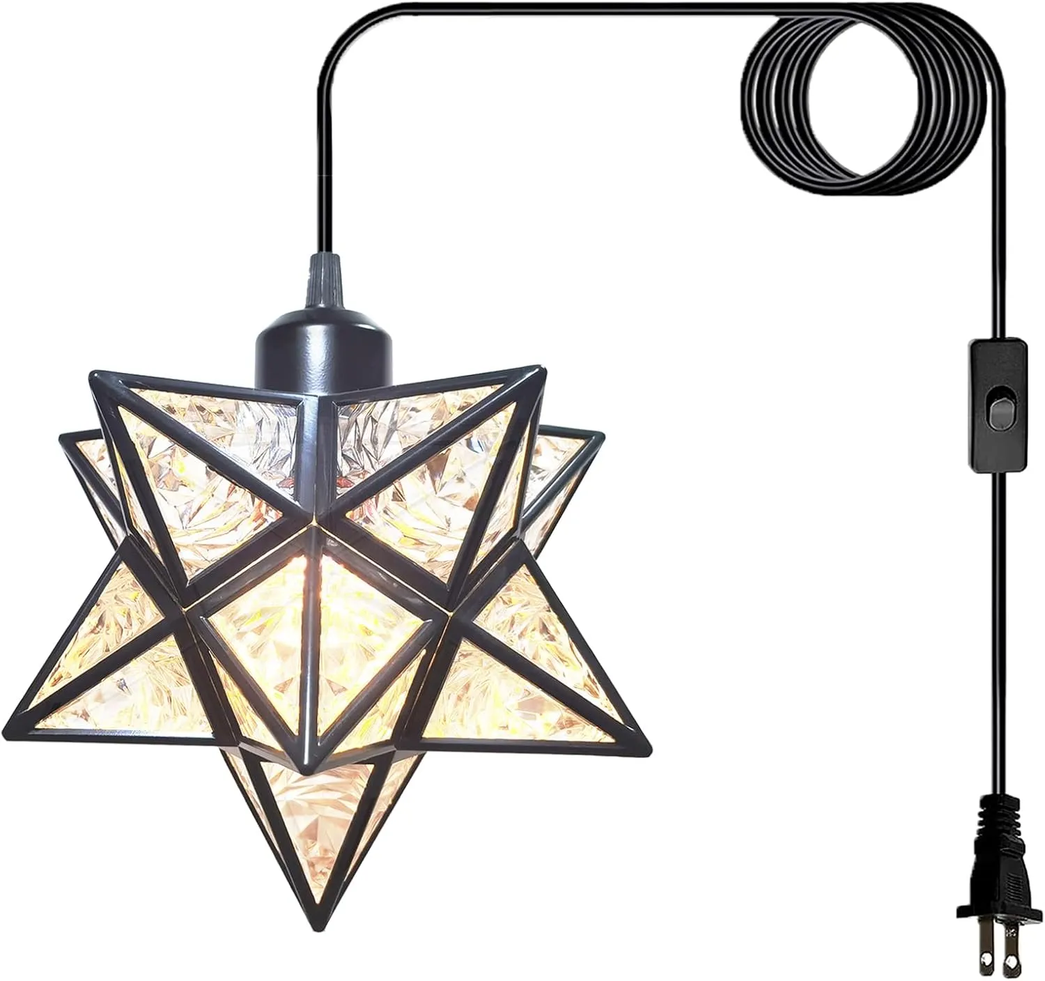 Plug-in Moravian Star Pendant Light with 16.5ft Cord and Switch, Modern Farmhouse Black Hanging Light for Kitchen Island Bedroom Hallway Porch Etc(LED Bulb Include)