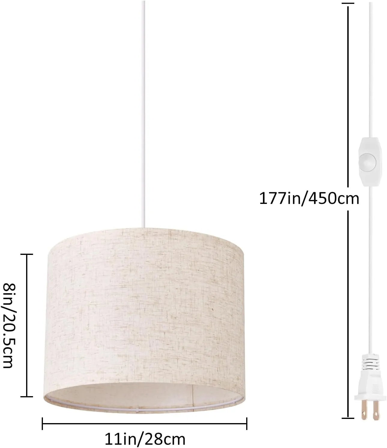 Plug in Pendant Light, 15 FT Hanging Lamp with Plug in Cord, Dimmable Switch, Beige Linen Fabric Lamp Shade, Hanging Light Fixture for Bedroom, Living Room, Dining Table 2 Pack