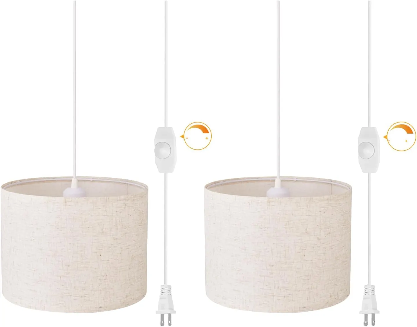 Plug in Pendant Light, 15 FT Hanging Lamp with Plug in Cord, Dimmable Switch, Beige Linen Fabric Lamp Shade, Hanging Light Fixture for Bedroom, Living Room, Dining Table 2 Pack