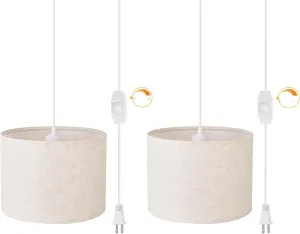 Plug in Pendant Light, 15 FT Hanging Lamp with Plug in Cord, Dimmable Switch, Beige Linen Fabric Lamp Shade, Hanging Light Fixture for Bedroom, Living Room, Dining Table 2 Pack