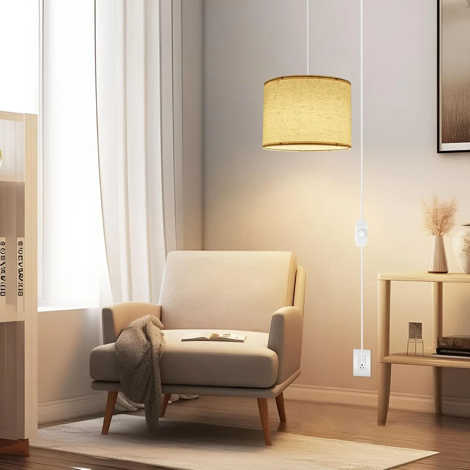 Plug in Pendant Light, 15 FT Hanging Lamp with Plug in Cord, Dimmable Switch, Beige Linen Fabric Lamp Shade, Hanging Light Fixture for Bedroom, Living Room, Dining Table 2 Pack