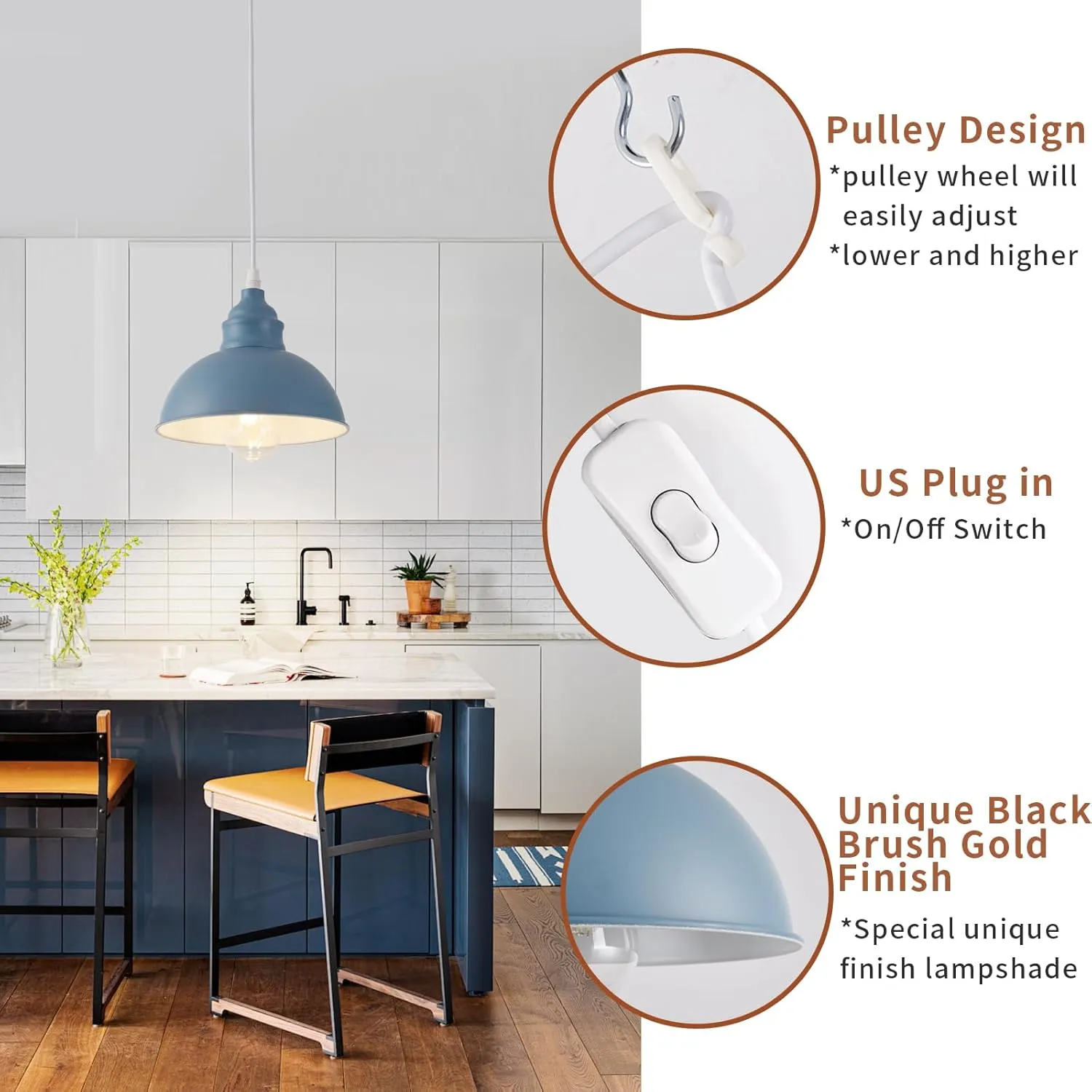 Plug in Pendant Light, 15FT Hanging Lights, On/Off Switch, Industrial Pendant Light with Plug in Cord, Metal Hanging Lamps for Living Room, Kitchen, Dining Room Blue
