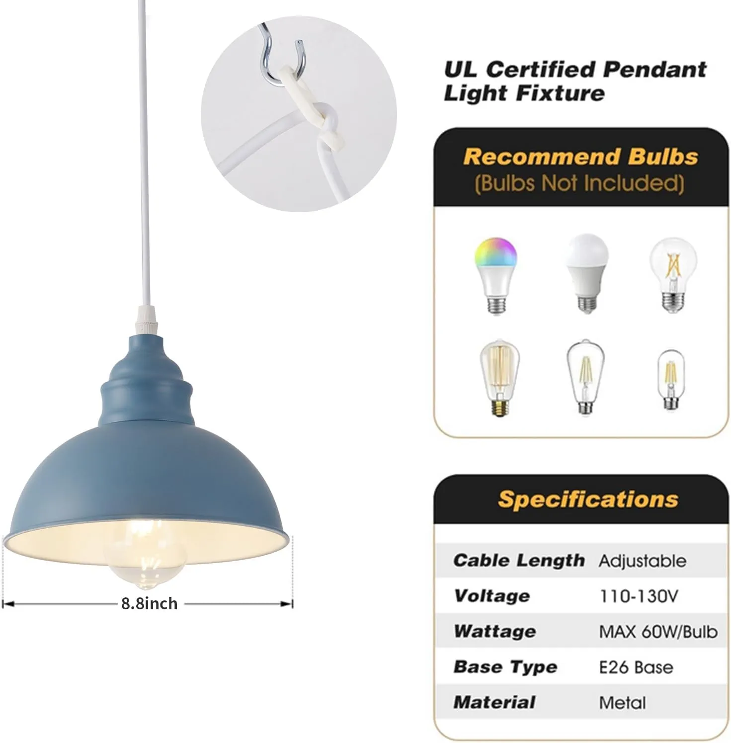 Plug in Pendant Light, 15FT Hanging Lights, On/Off Switch, Industrial Pendant Light with Plug in Cord, Metal Hanging Lamps for Living Room, Kitchen, Dining Room Blue