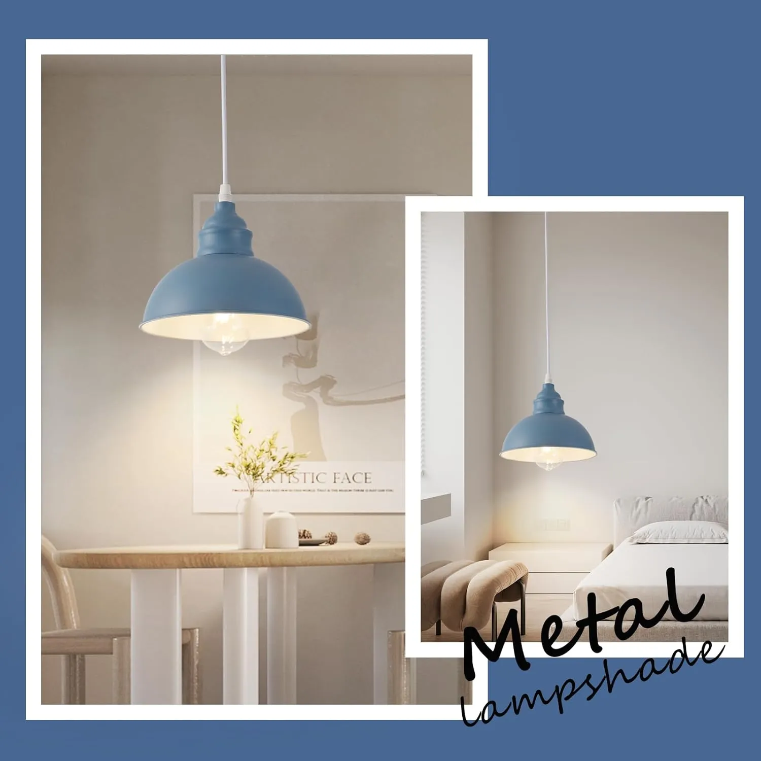 Plug in Pendant Light, 15FT Hanging Lights, On/Off Switch, Industrial Pendant Light with Plug in Cord, Metal Hanging Lamps for Living Room, Kitchen, Dining Room Blue