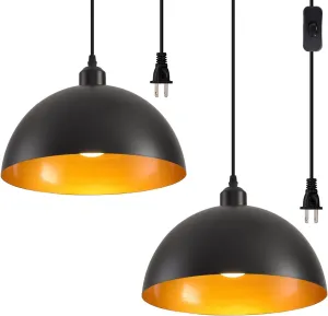 Plug in Pendant Light 2 Pack Industrial Hanging Lamp with Golden Finish Inside Black Vintage Pendant Lighting Fixtures with 15ft Cord On/Off Switch