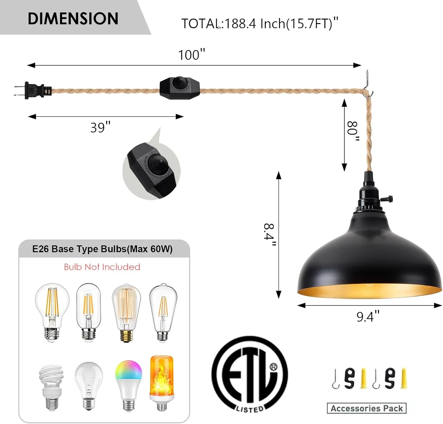 Plug in Pendant Light Farmhouse Hanging Lamp Fixtures with Dimmable Switch, Kitchen Island Hanging Light Adjustable Height Black Pendant Lighting Dining Room Bedroom