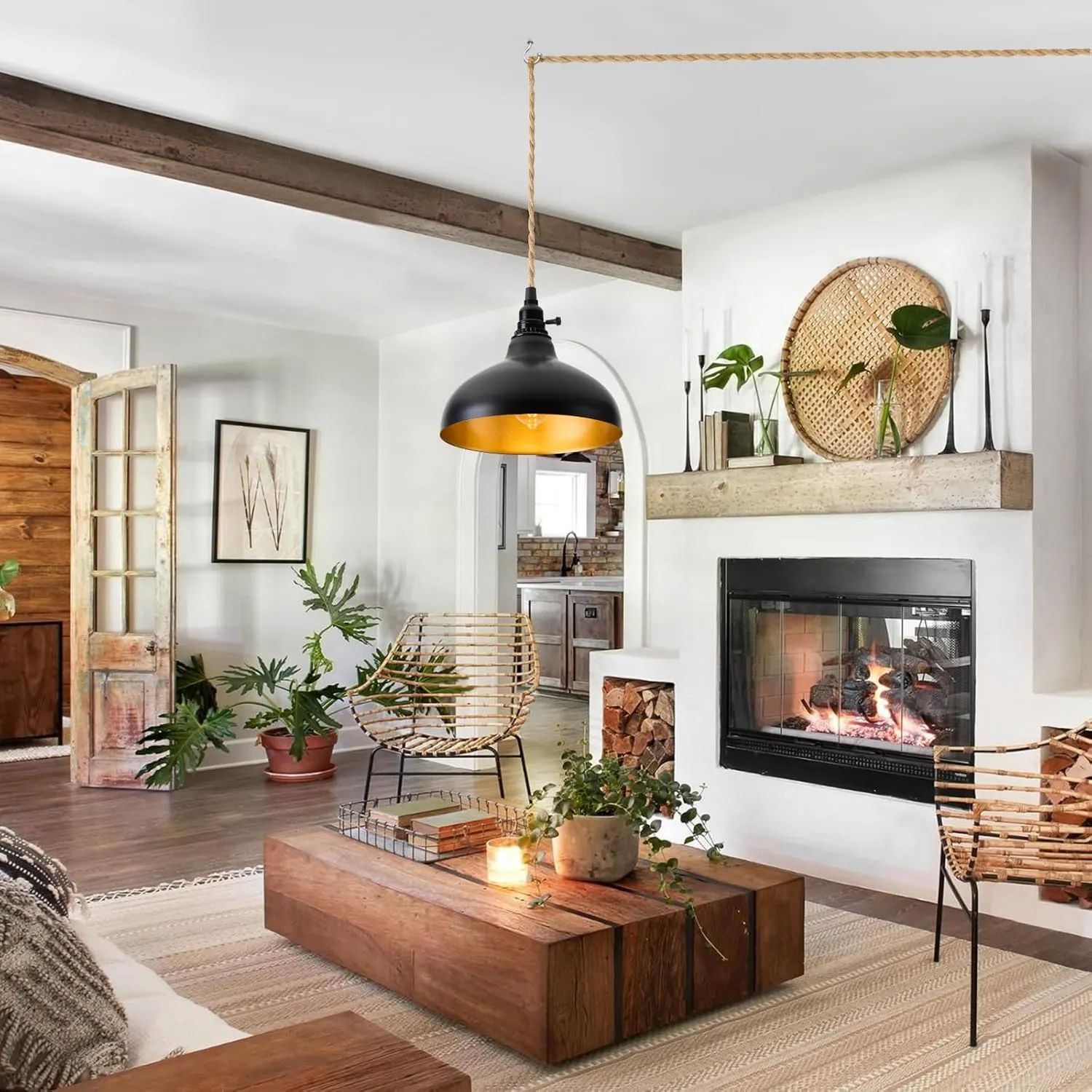 Plug in Pendant Light Farmhouse Hanging Lamp Fixtures with Dimmable Switch, Kitchen Island Hanging Light Adjustable Height Black Pendant Lighting Dining Room Bedroom