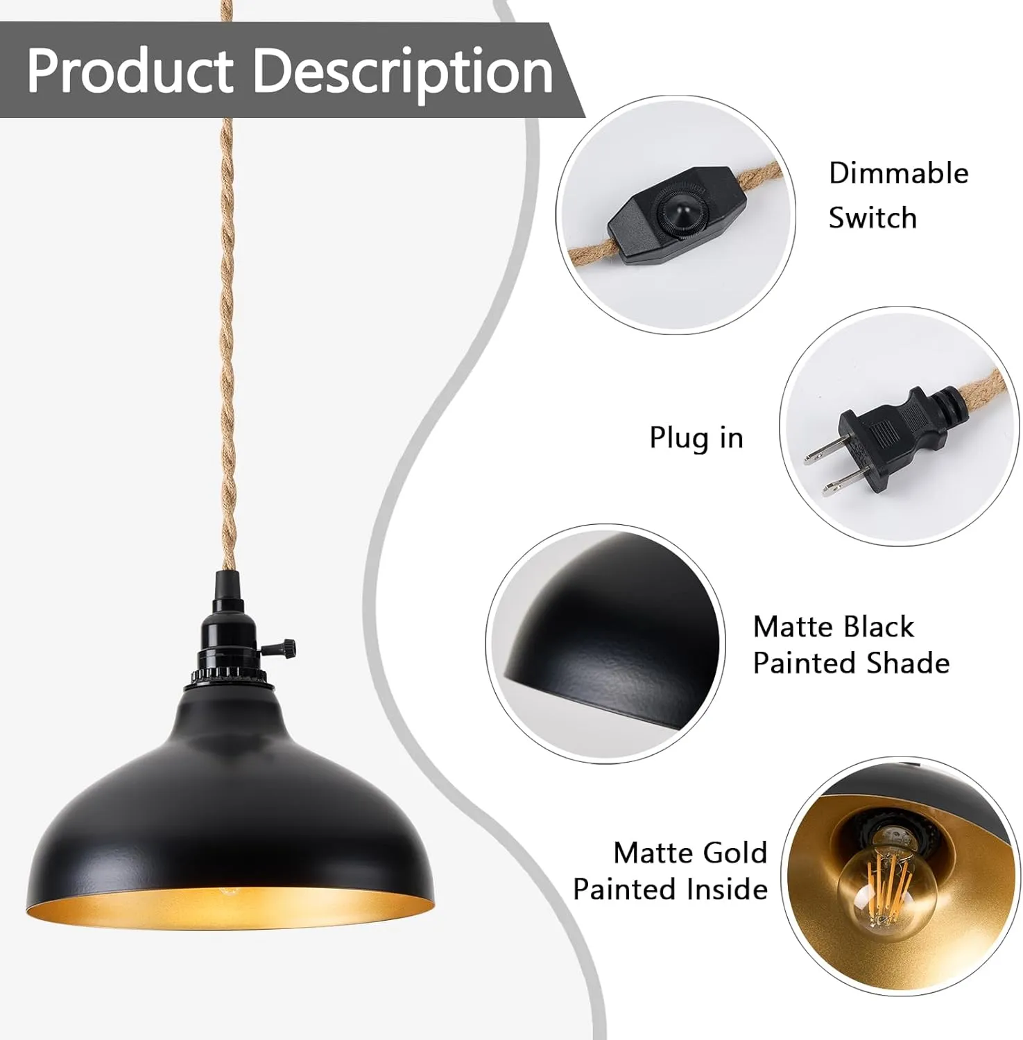 Plug in Pendant Light Farmhouse Hanging Lamp Fixtures with Dimmable Switch, Kitchen Island Hanging Light Adjustable Height Black Pendant Lighting Dining Room Bedroom