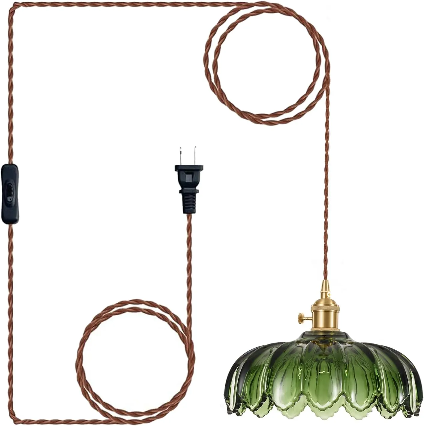 Plug in Pendant Light Fixtures, Hanging Light Fixture Green Glass Pendant Light, Pendant Lighting for Kitchen Island, Bedroom, Dining Room, Living Room, E26 No Bulb