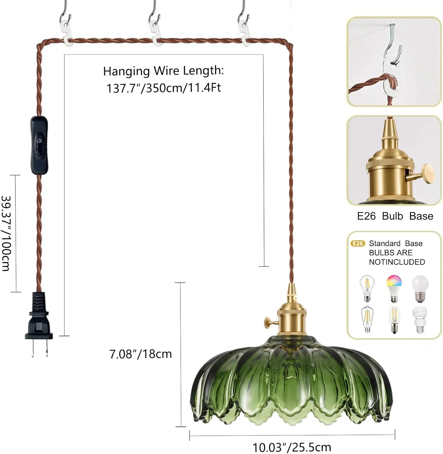 Plug in Pendant Light Fixtures, Hanging Light Fixture Green Glass Pendant Light, Pendant Lighting for Kitchen Island, Bedroom, Dining Room, Living Room, E26 No Bulb